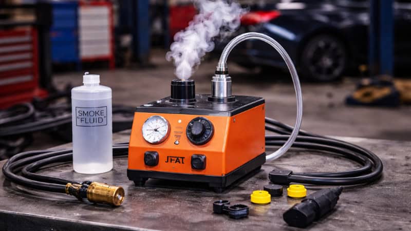 Automotive smoke leak detection machine emitting dense white smoke through a hose on a workshop table, surrounded by diagnostic accessories in an auto repair garage.