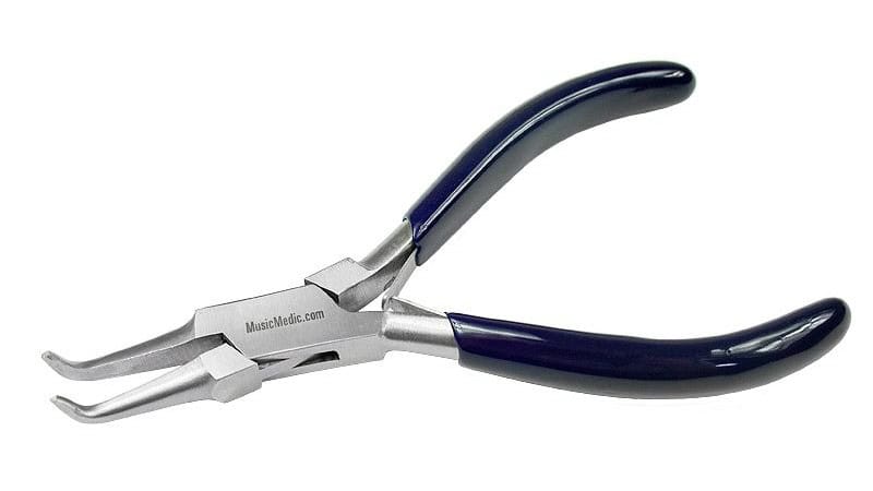 Bent nose pliers with angled jaws used for hard-to-reach automotive areas