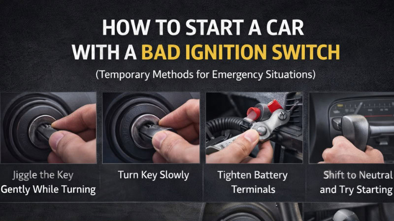 Close-up of a driver starting a car using the ignition switch with warning lights on the dashboard