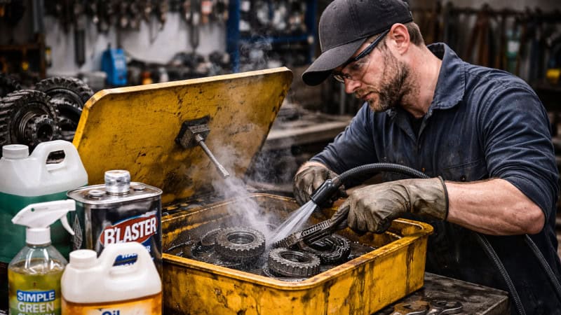 Mechanic cleaning greasy gears in a red parts washer with solvent spray, tools and chemical jugs on a shop workbench.