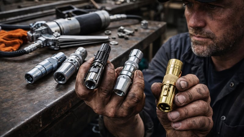 Professional mechanic comparing different grease gun couplers in a workshop environment