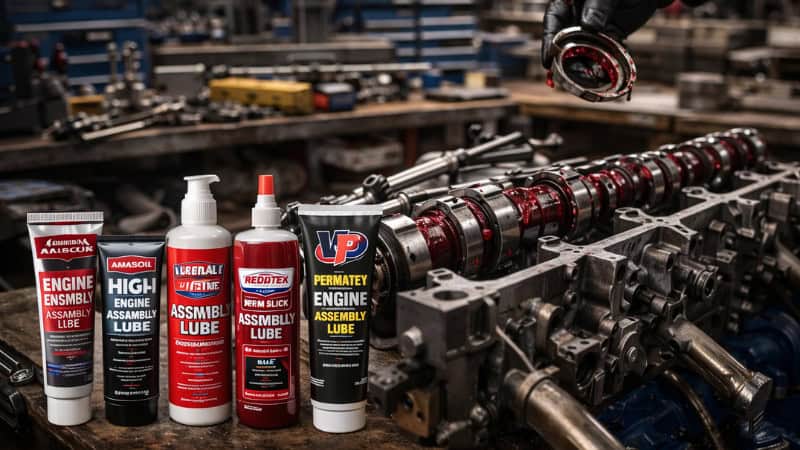 Mechanic applying assembly lube during engine rebuild with top engine assembly lube products on workbench