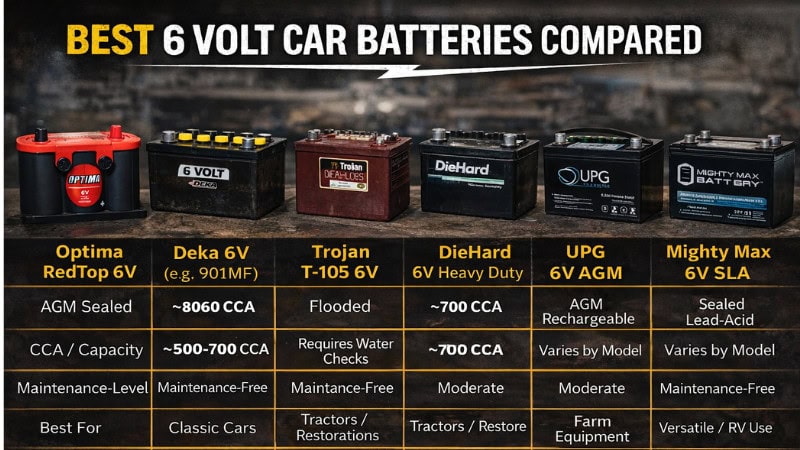Comparison of best 6 volt car batteries including Optima RedTop, Deka, Trojan, DieHard, UPG, and Mighty Max