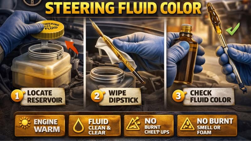 How to check power steering fluid color: locate the reservoir, wipe the dipstick, and compare fluid color for signs of contamination