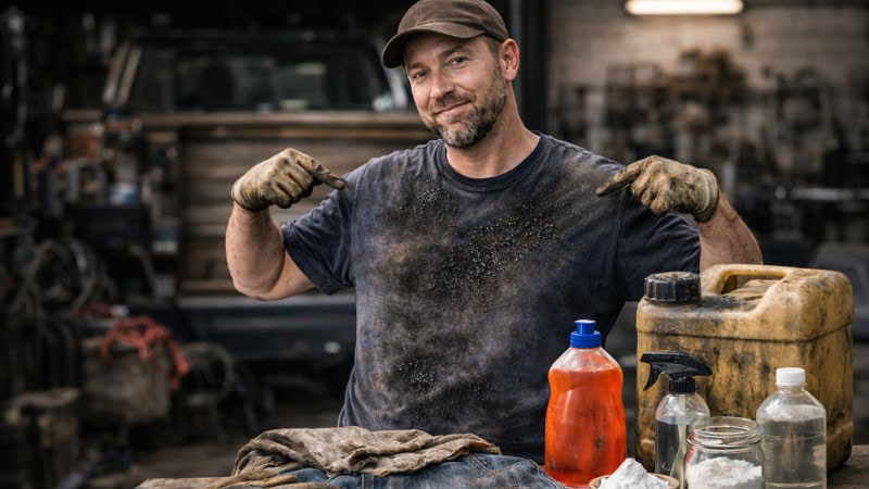 Mechanic holding up diesel-stained jeans inside a cluttered auto repair workshop