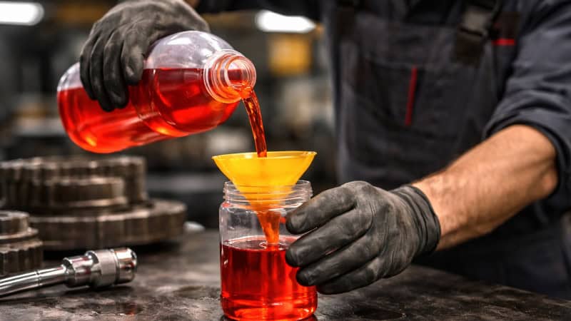 Mechanic inspection of transmission fluid colors showing clean, old, and burnt oil side by side