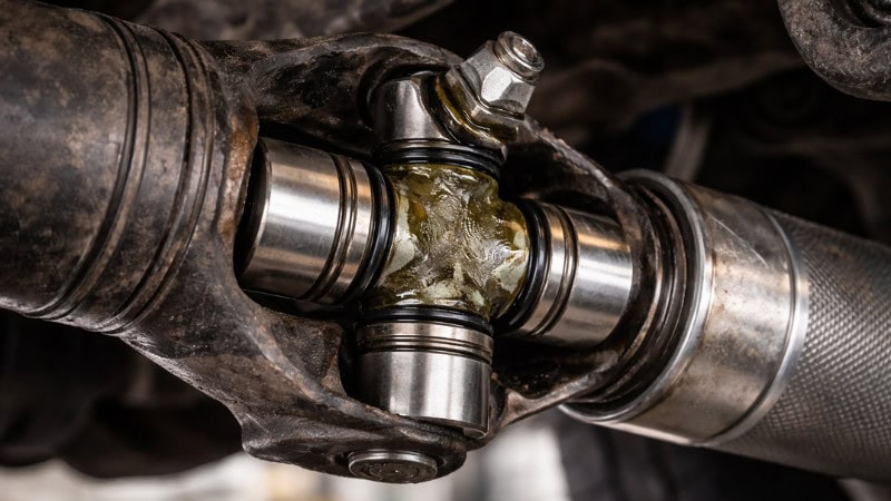 Universal joint in a real vehicle drivetrain undercarriage