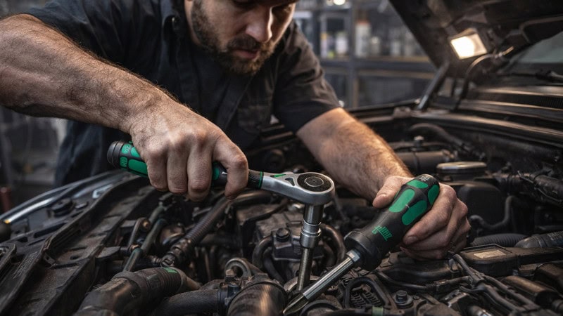 Automotive mechanic using Wera ratchet and screwdriver on car engine