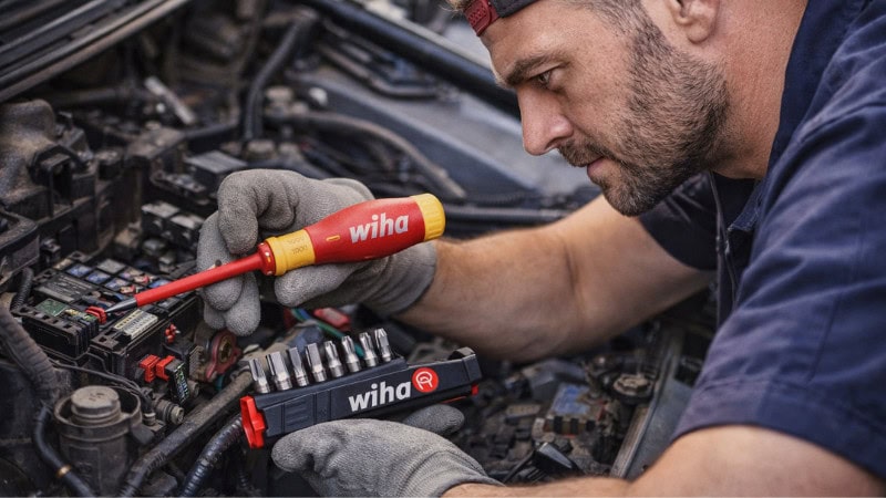 Mechanic using Wiha insulated screwdriver for electrical automotive work