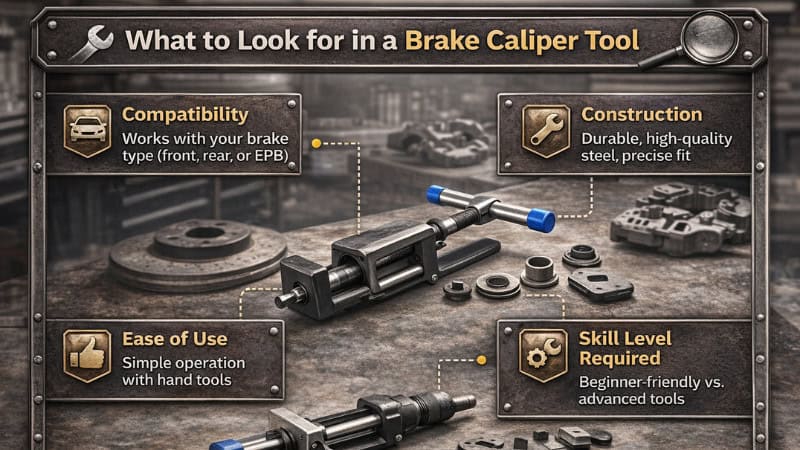 Illustration showing key features to look for in a brake caliper tool such as compatibility, build quality, ease of use, and skill level