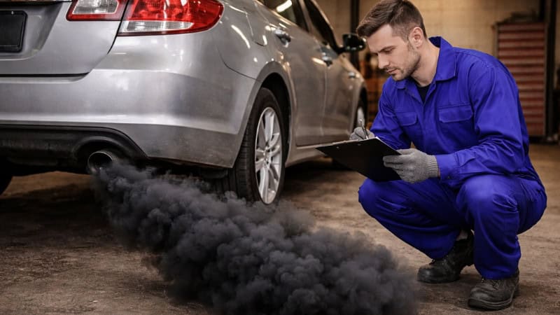 A mechanic is inspecting a car's black smoke but